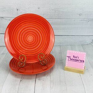 Tabletops Unlimited SWIRL Red Hand Painted Stoneware Round Dinner Plates Set Two